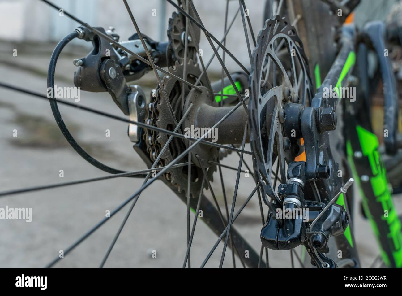 Closeup of a mechanism of bicycle mechanisms and chain on a mountain