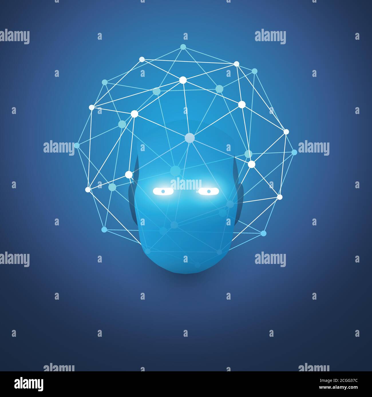 Abstract Modern Style Blue Machine Learning, Artificial Intelligence and Neural Networks Design Concept with Polygonal Sphere, 3D Network Mesh and Rob Stock Vector