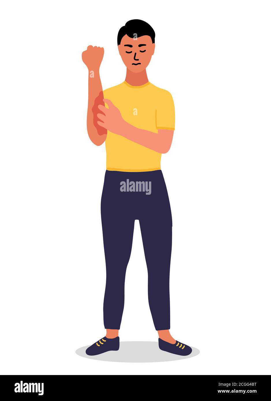 young man with a sad face is combing his other hand with one hand. Atopic dermatitis, eczema, allergies. scratches, itchy, Dry skin, redness and Stock Vector