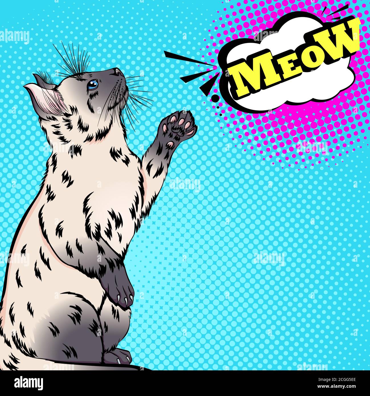 Siamese or Thai cat breed standing on two hind legs with meow speech bubble. Bright vector illustration in pop art retro style. Design for print, poster Stock Vector