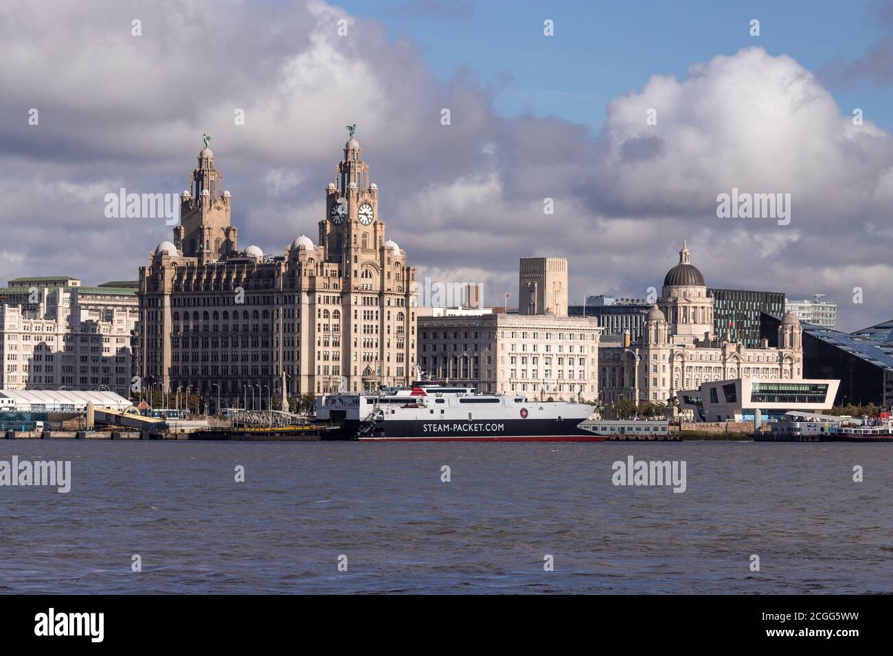 Three Graces and Royal Liver Building, Liverpool, Merseyside, England Stock Photo