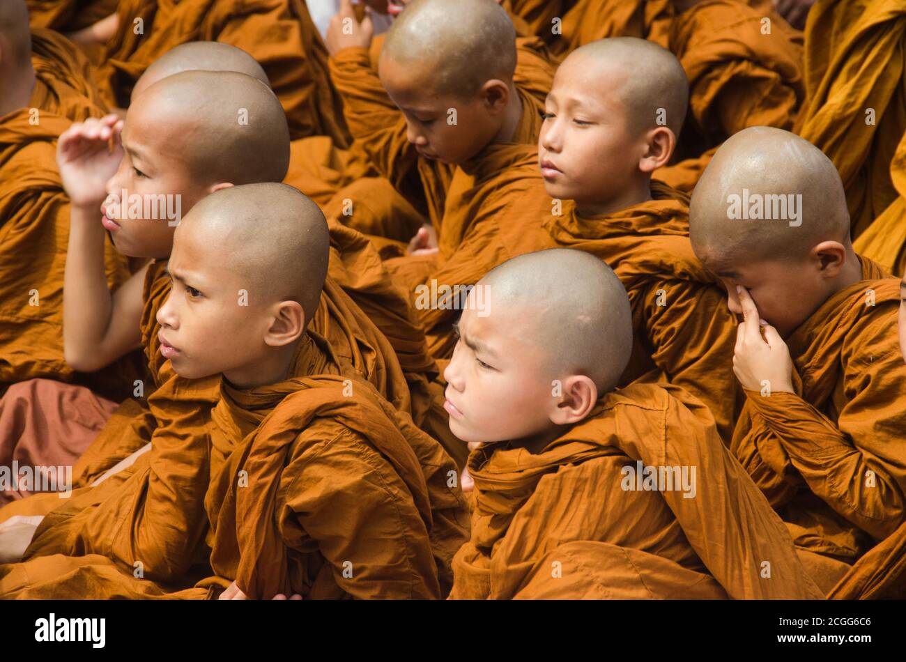 child cambodian lamas gatherd during prayer time at bodh gaya bihar india. Stock Photo