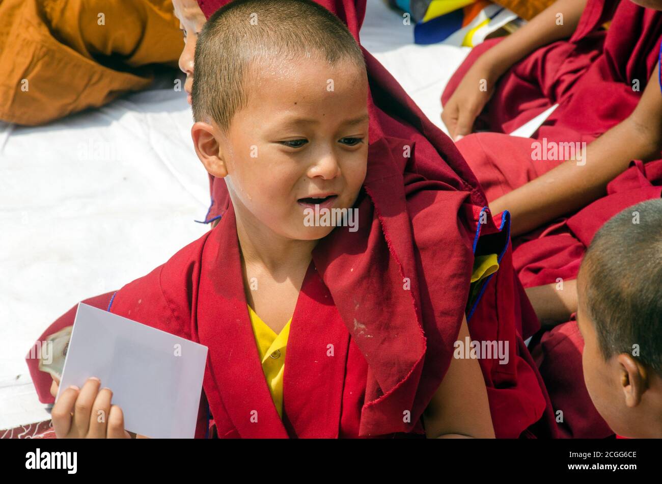 child tibetan lamas gatherd during prayer time at bodh gaya bihar india Stock Photo