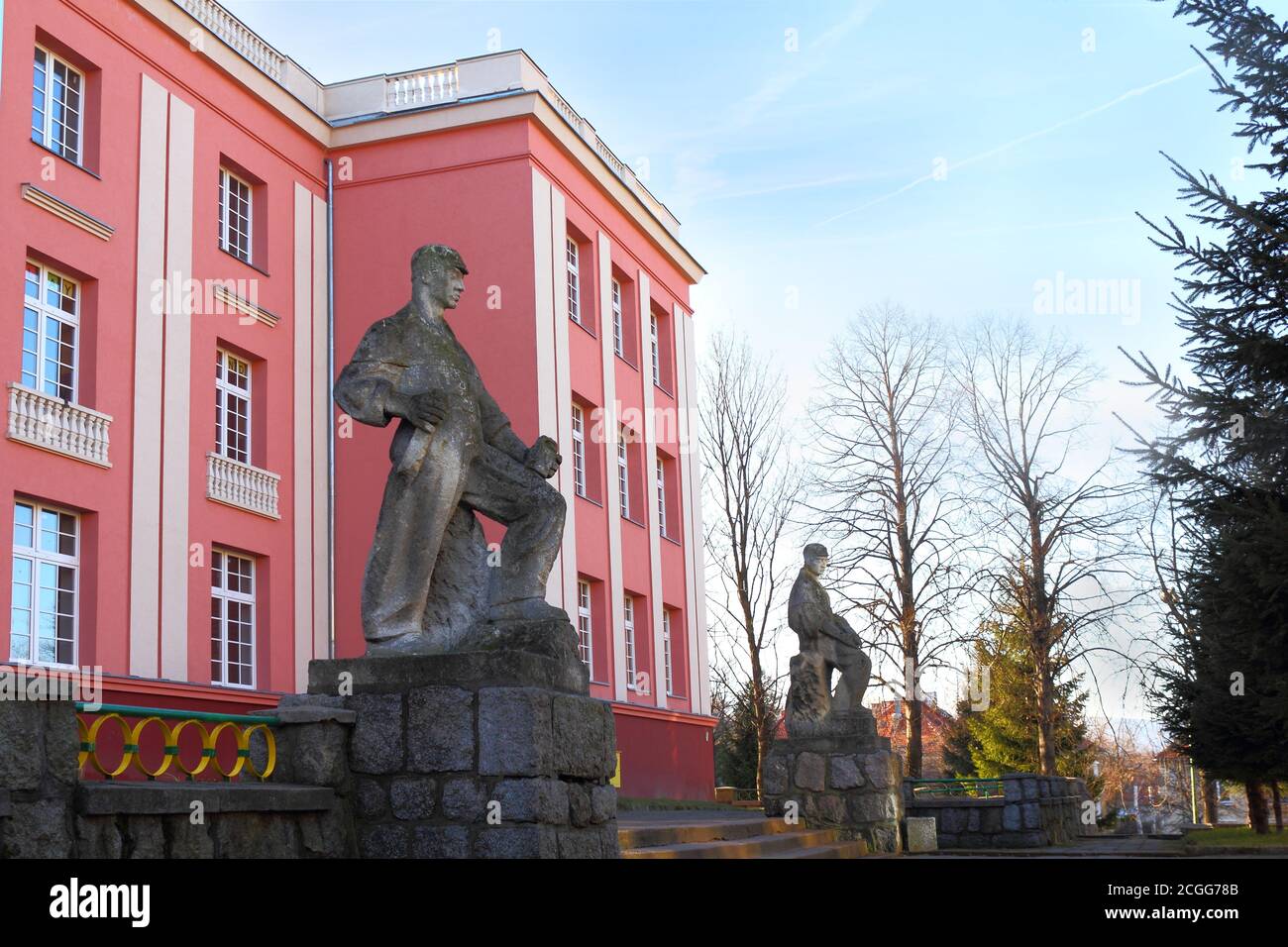 Sculptures in front of the building of The Cultural House Kowary Poland Stock Photo