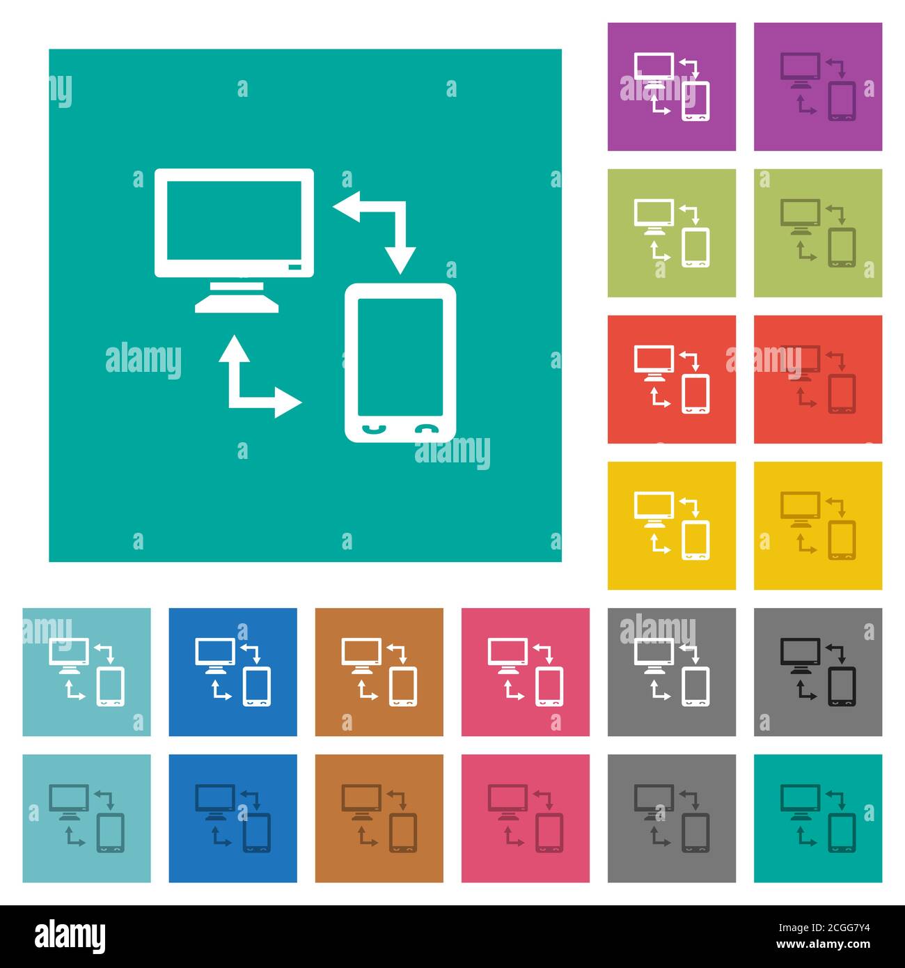 Syncronize mobile with computer multi colored flat icons on plain square backgrounds. Included white and darker icon variations for hover or active ef Stock Vector