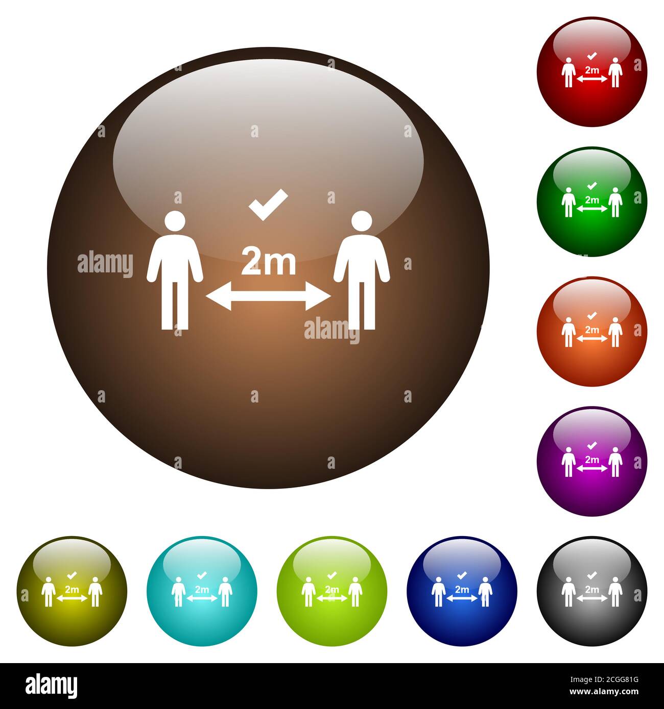Correct social distancing white icons on round glass buttons in ...