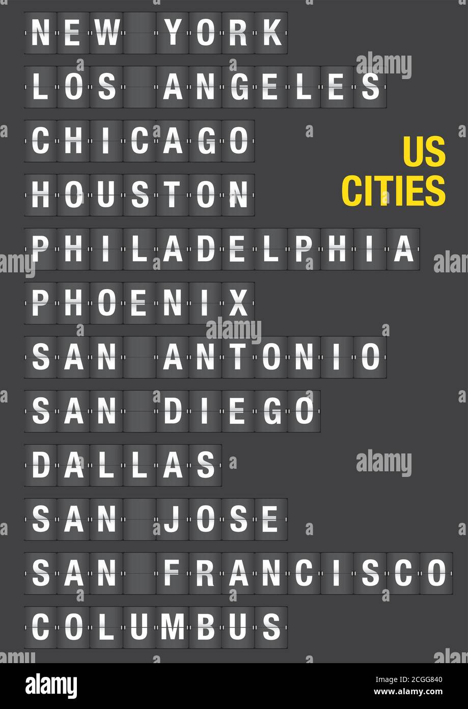 Name of American Cities on airport flip board style. Vector font design. Stock Vector