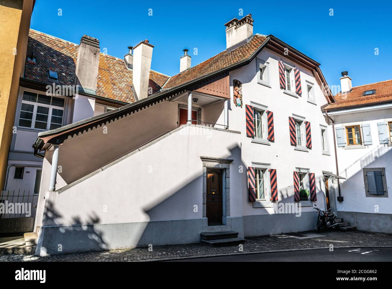 Montreux Switzerland , 5 July 2020 : Maison de l’ours or Bear house an historic building in Montreux old town Switzerland Stock Photo
