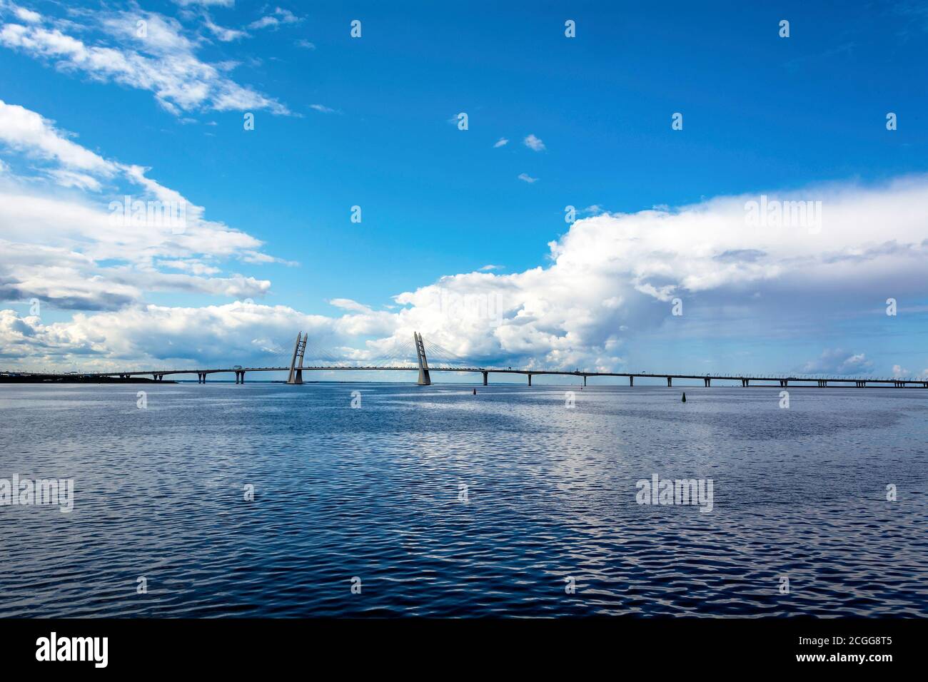 Saint Petersburg, Western high-speed diameter overpass in the Neva Bay, minimalistic landscape Stock Photo