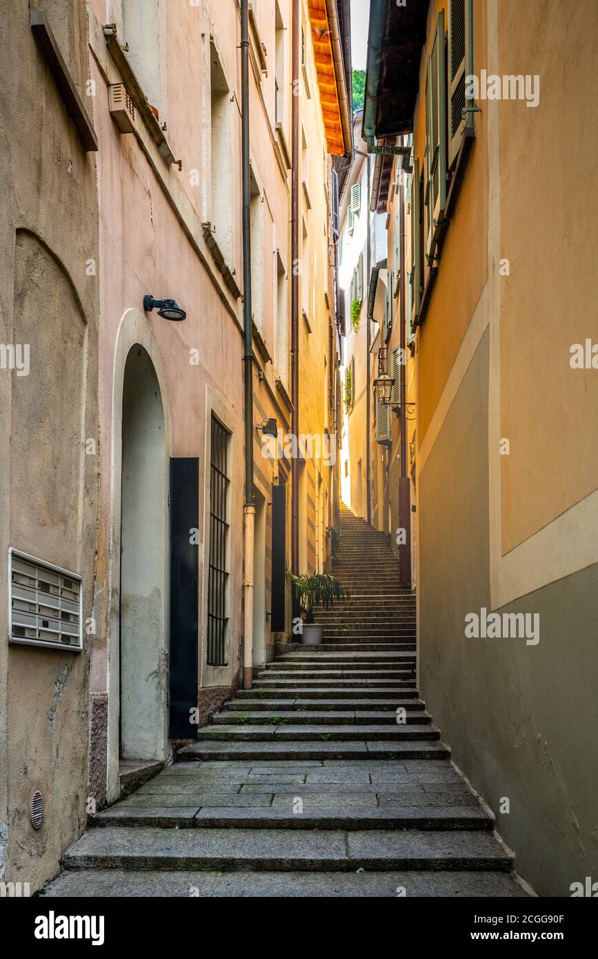 Morcote village stairway alley called Strecia di Mort street vertical view in the charming Morcote Ticino Switzerland Stock Photo