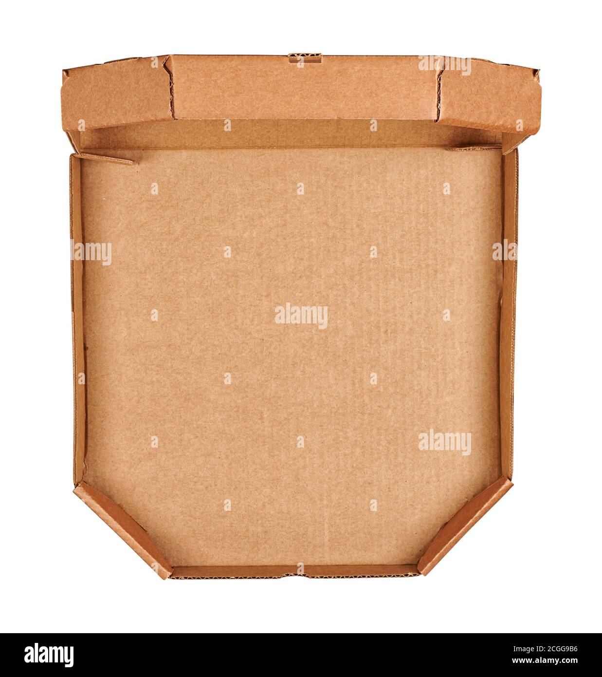 open empty pizza box top view. Isolated on white background with