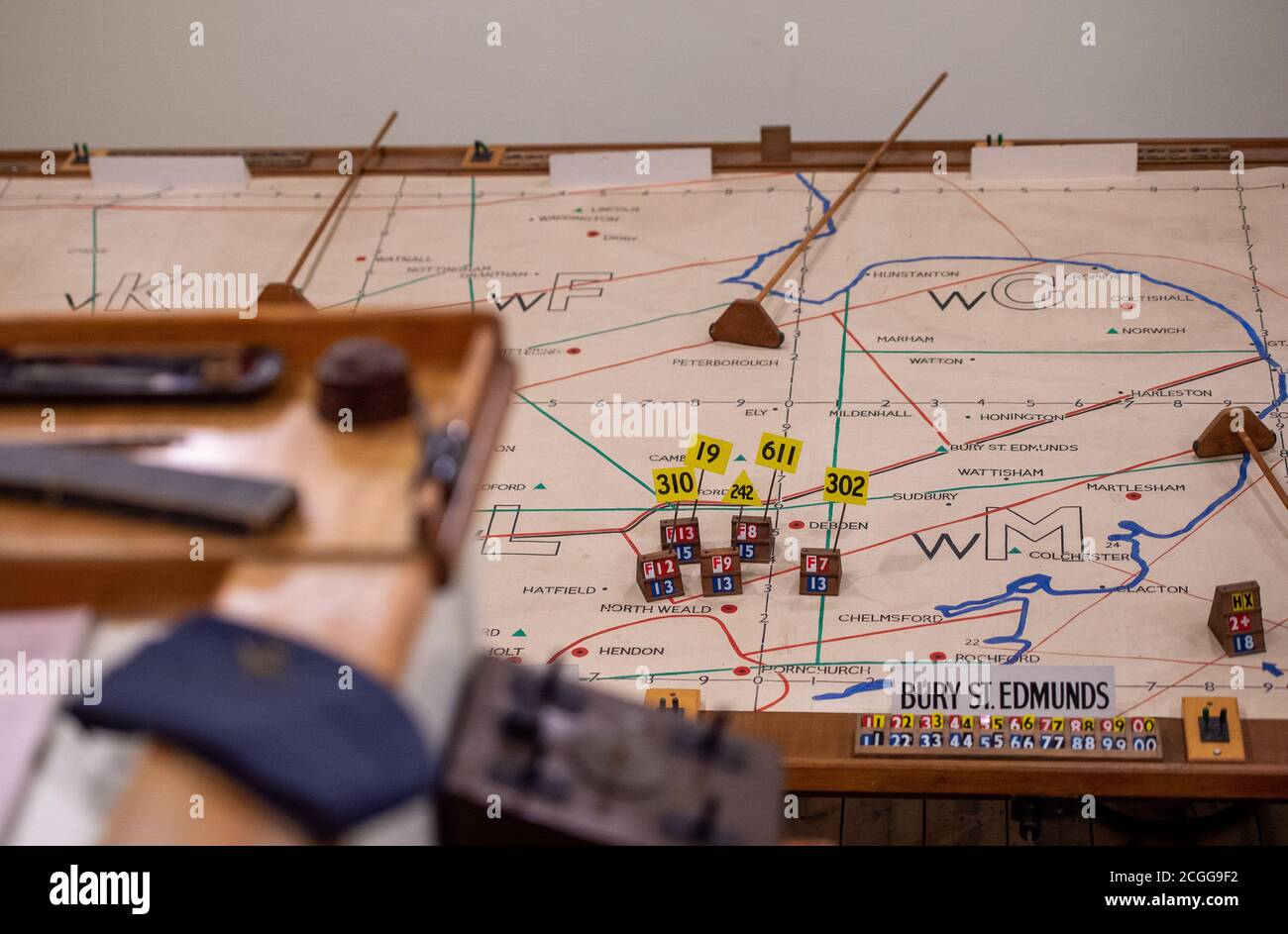 Detail of the map inside the ops room during the press preview of The Ops Block: Battle of Britain at IWM Duxford, an exhibition that marks 80 years since the German Luftwaffe began its long series of air attacks, signifying the start of the Battle of Britain. Stock Photo