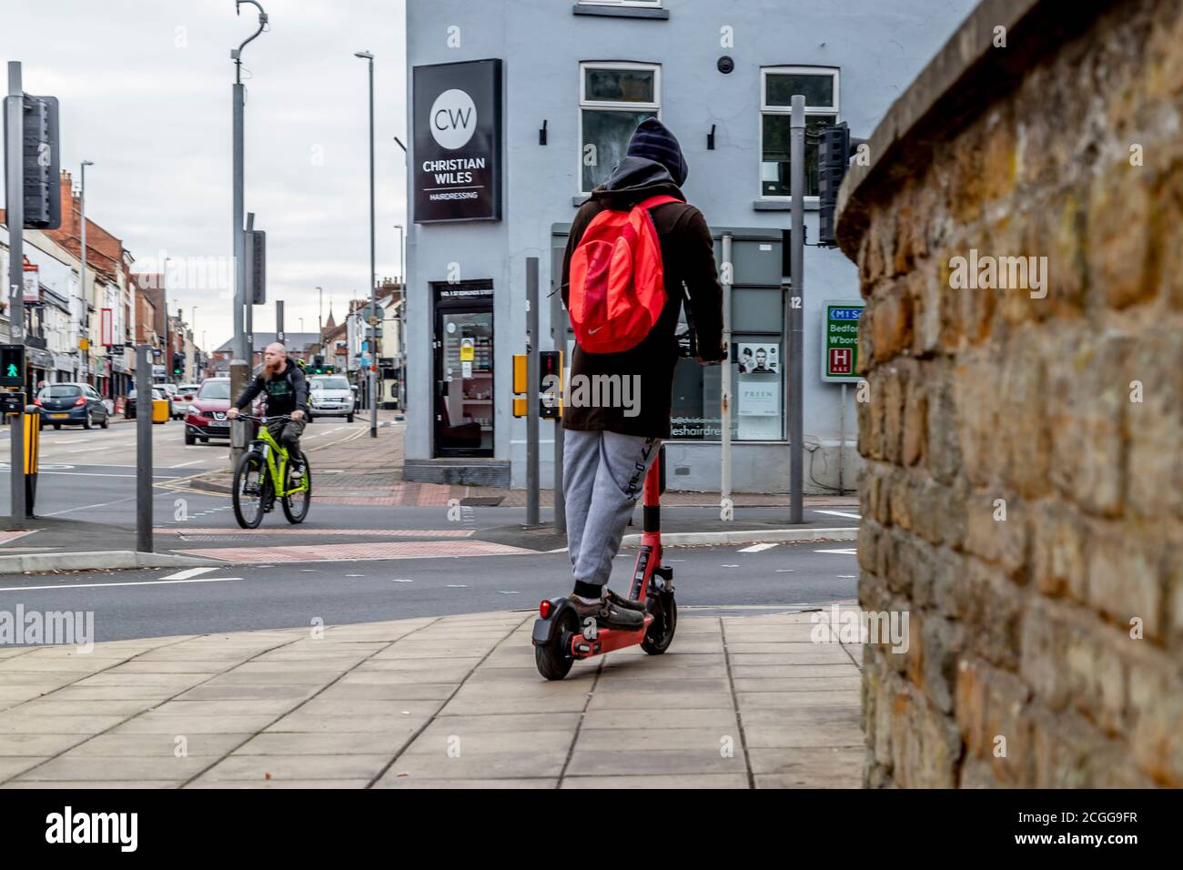 Northampton, UK, 11th September 2020. 300 e-scooters are hitting the streets in Northampton and Kettering in a 12 month trial between Smart Move Northamptonshire and Voi digital e-scooter (photos this morning in the town centre). Riders will need a provisional driver’s licence and the Voi’s app, the e-scooter will cost £1 to unlock + £0.20 per minute and can be left anywhere when finished with, another trial started in Birmingham city center yesterday. Credit: Keith J Smith./Alamy Live News Stock Photo