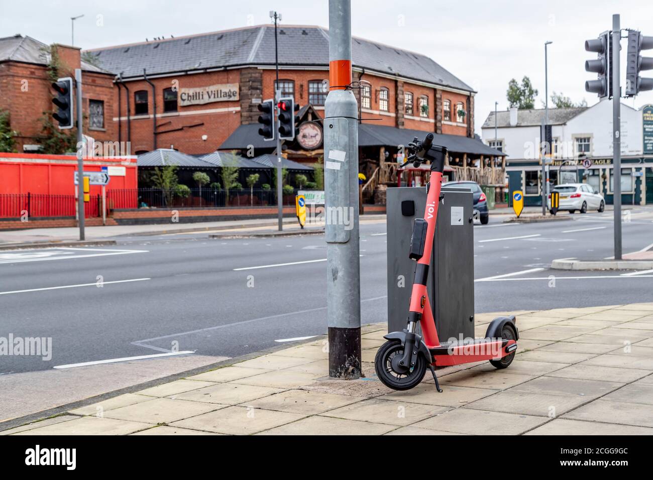 Northampton, UK, 11th September 2020. 300 e-scooters are hitting the streets in Northampton and Kettering in a 12 month trial between Smart Move Northamptonshire and Voi digital e-scooter (photos this morning in the town centre). Riders will need a provisional driver’s licence and the Voi’s app, the e-scooter will cost £1 to unlock + £0.20 per minute and can be left anywhere when finished with, another trial started in Birmingham city center yesterday. Credit: Keith J Smith./Alamy Live News Stock Photo