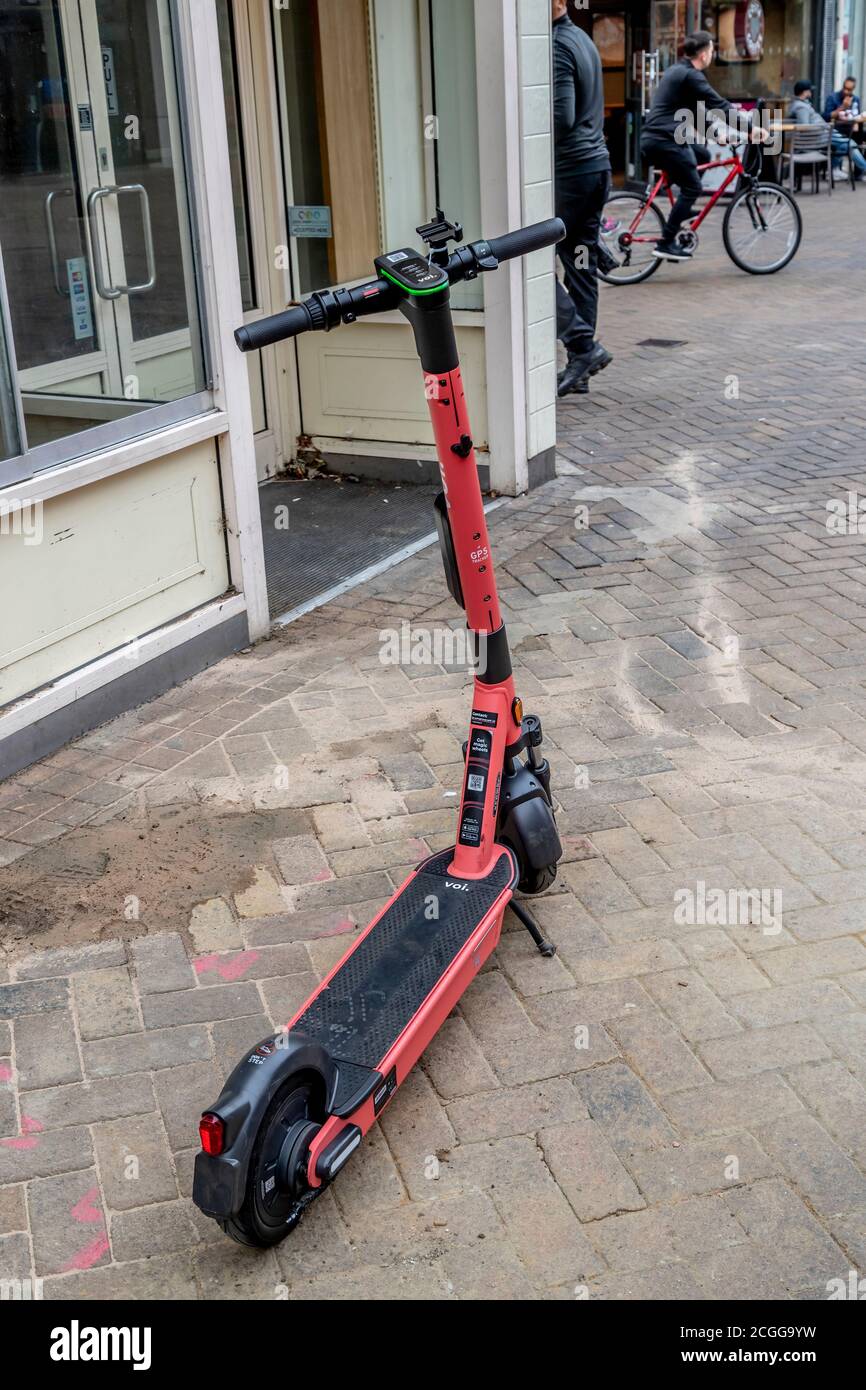 Northampton, UK, 11th September 2020. 300 e-scooters are hitting the streets in Northampton and Kettering in a 12 month trial between Smart Move Northamptonshire Voi digital e-scooter (photos this morning in