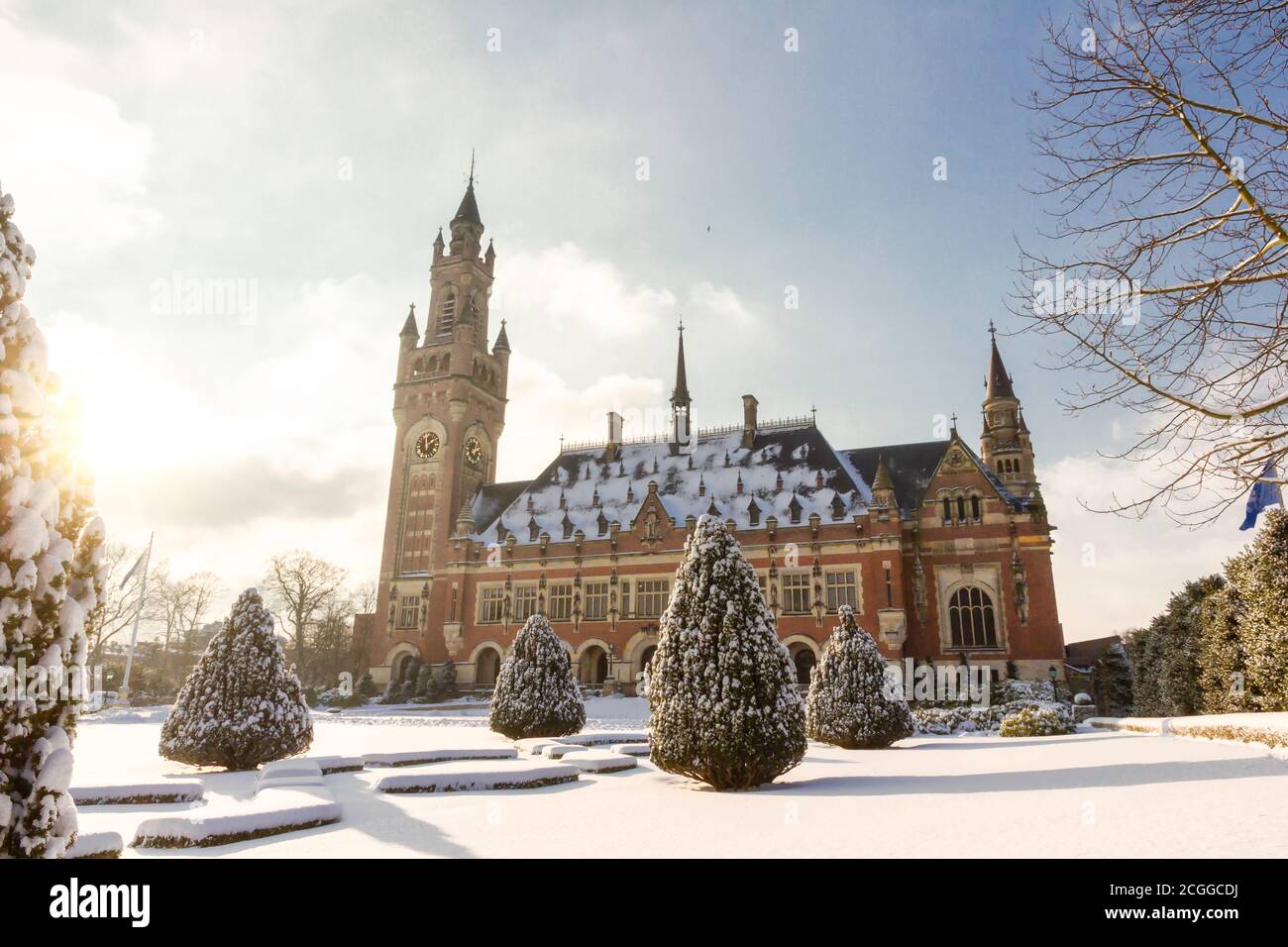 Sunny day in the garden of the Peace Palace, seat of the International Court of Justice, Netherlands Stock Photo