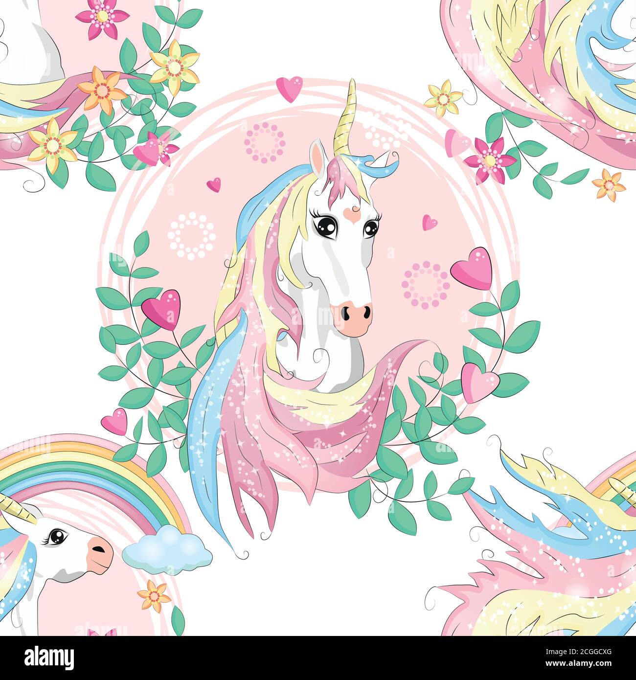 pattern with cute unicorns, clouds,rainbow and stars. Magic background with little unicorns Stock Vector