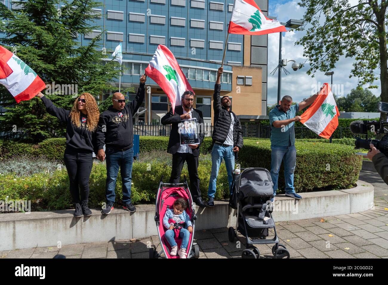 LEIDSCHENDAM, 18 August 2020 - Groupe of protester, demonstration, in front the Special Tribunal for Lebanon at the day of the judgment, Netherlands Stock Photo