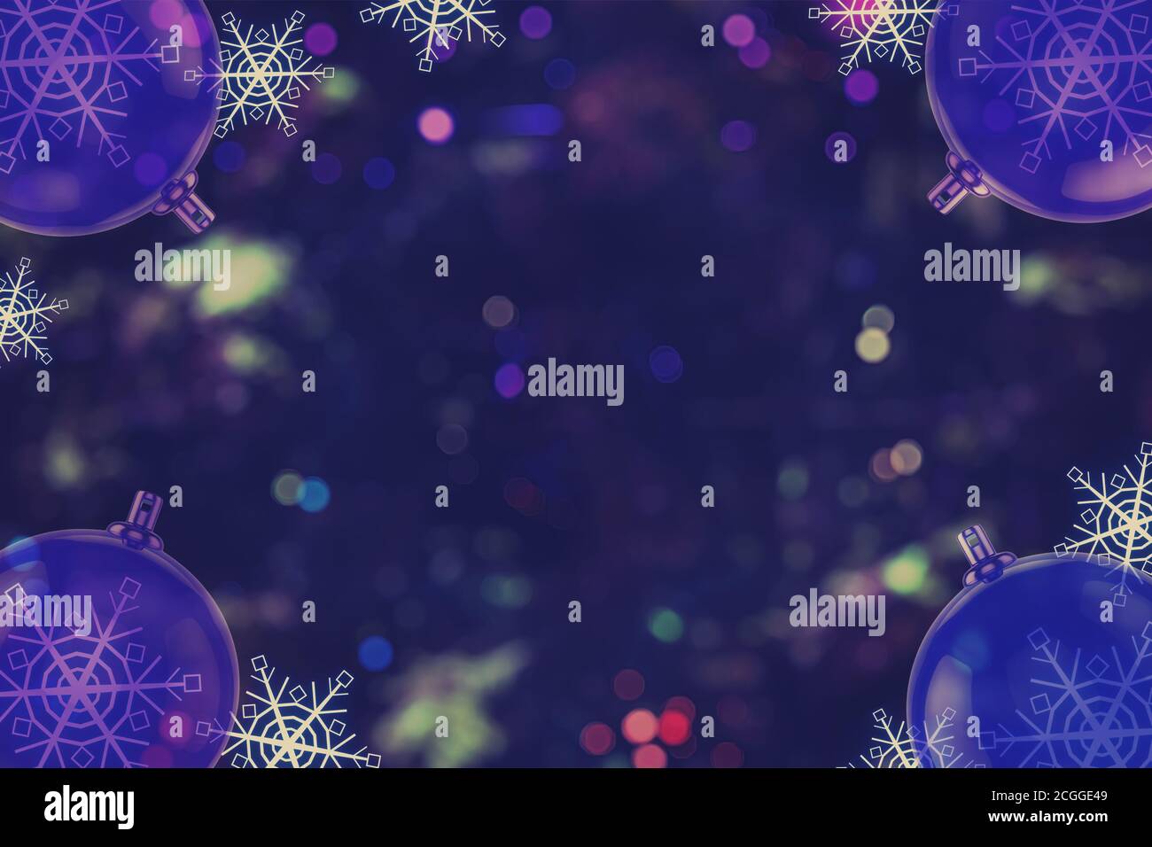 Beautiful Christmas balls with snowflakes on blurry lights background ...