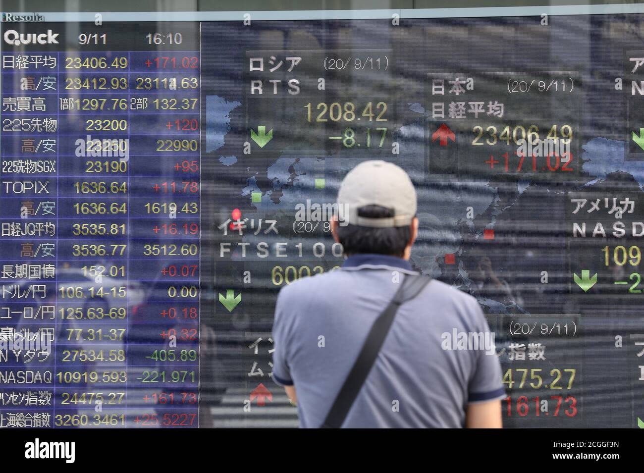 Tokyo, Japan. 11th Sep, 2020. A man watches an electronic board showing the stock index in Tokyo, Japan, on Sept. 11, 2020. TO GO WITH 'Tokyo stocks close higher on weak yen despite U.S. tech rout overnight' Credit: Du Xiaoyi/Xinhua/Alamy Live News Stock Photo