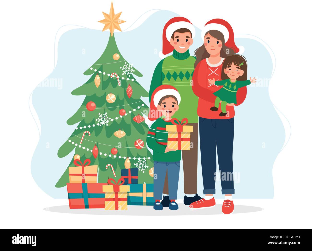 Happy family with christmas tree. Cute vector illustration in flat