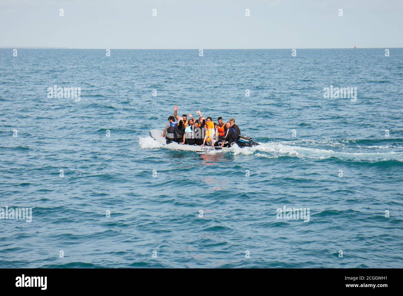 English Channel, Kent, UK. 11th September 2020: Migrant boat spotted in the English Channel on a day multiple boats attempted the crossing. This rigid inflatable was spotted in the SW shipping lane and the Coastguard were alerted to their presence. Credit: adp-news/Alamy Live News Stock Photo