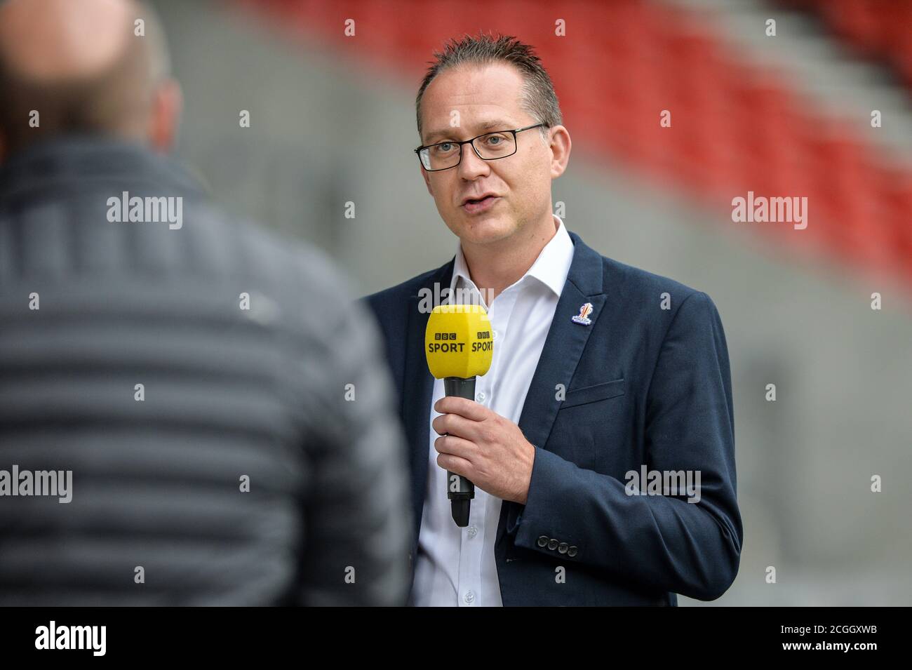 Jon Dutton CEO of the Rugby League World Cup 2021 talks to Dave Woods of BBC Sport Stock Photo