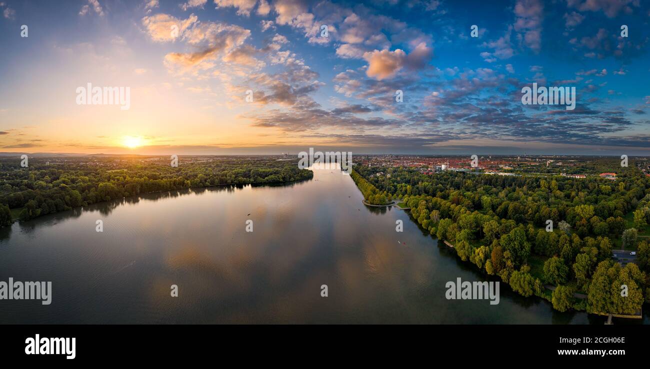 Aerial sunset view of the Maschsee lake in Hannover, Germany Stock Photo