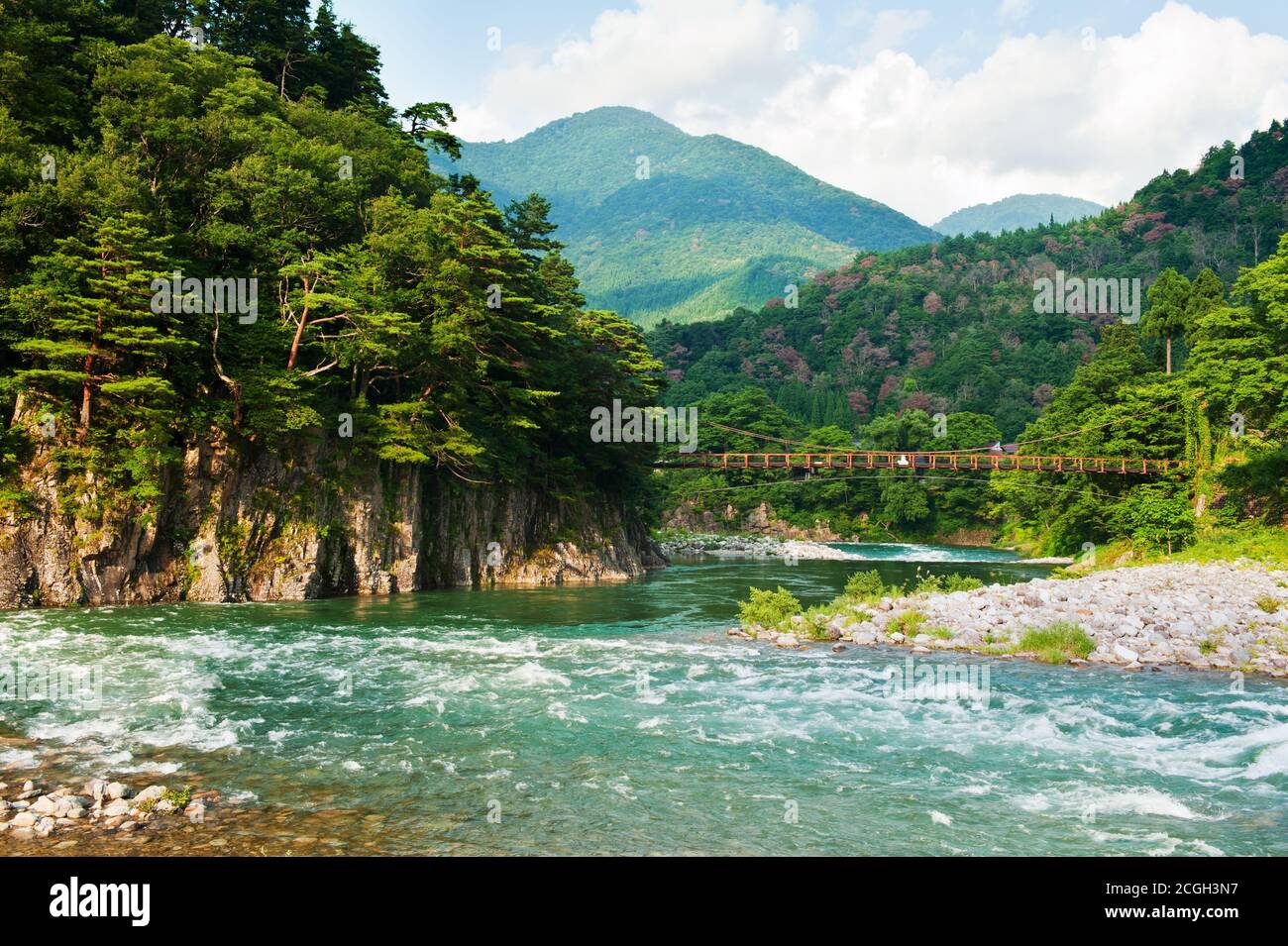 Beautiful landscape in the Japanese mountains with a wild river, red bridge and rock covered by typical pines Stock Photo