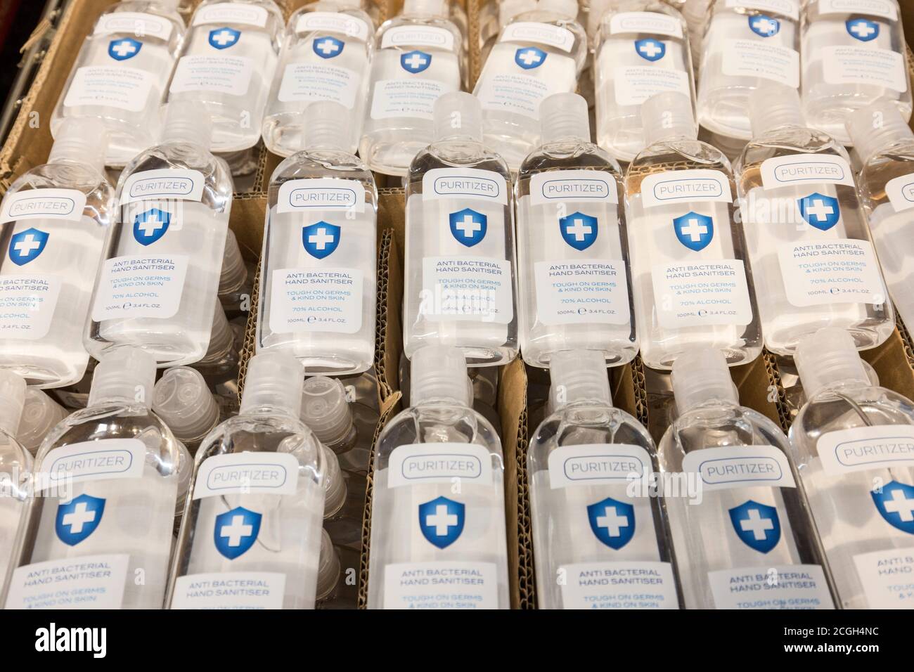 Anti bacterial hand sanitizer bottles for sale Stock Photo