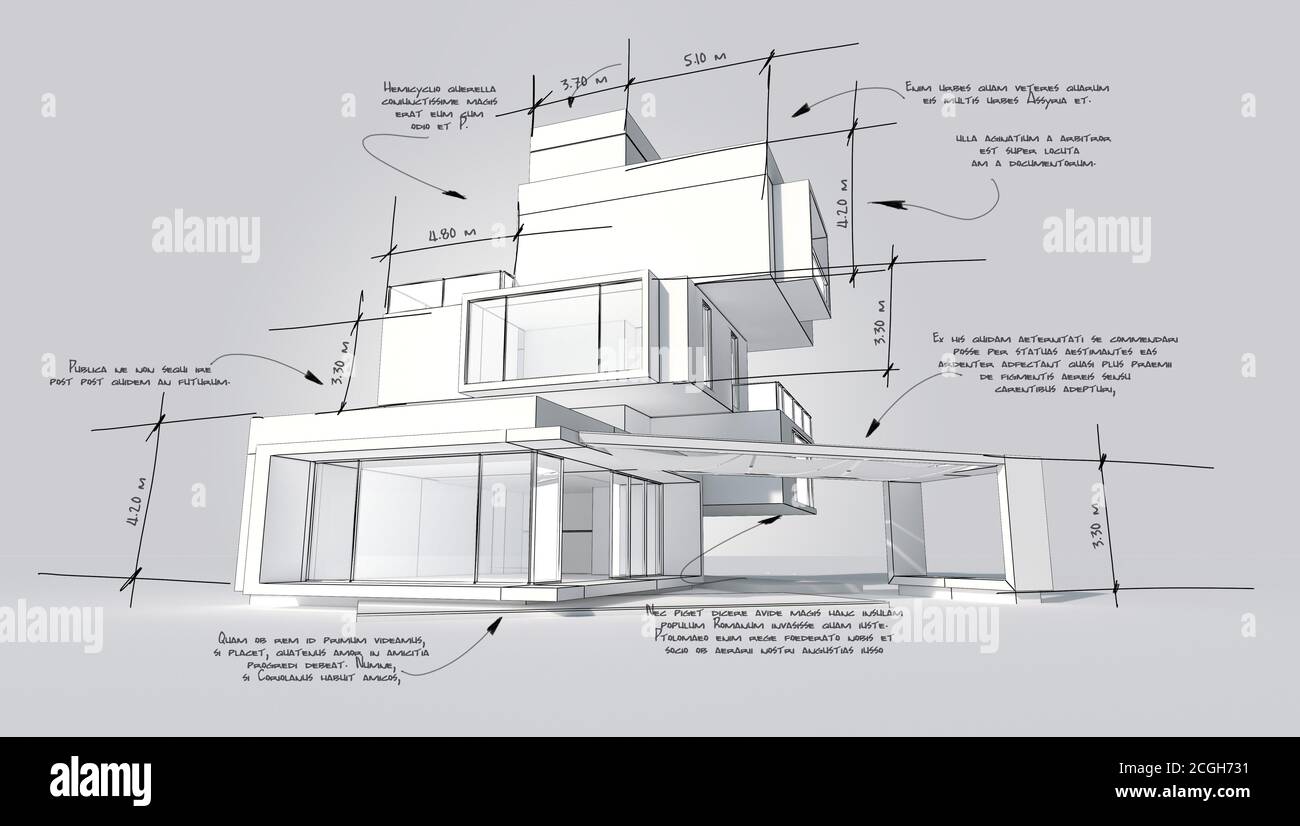 3D rendering of a modern building with construction specifications in ...