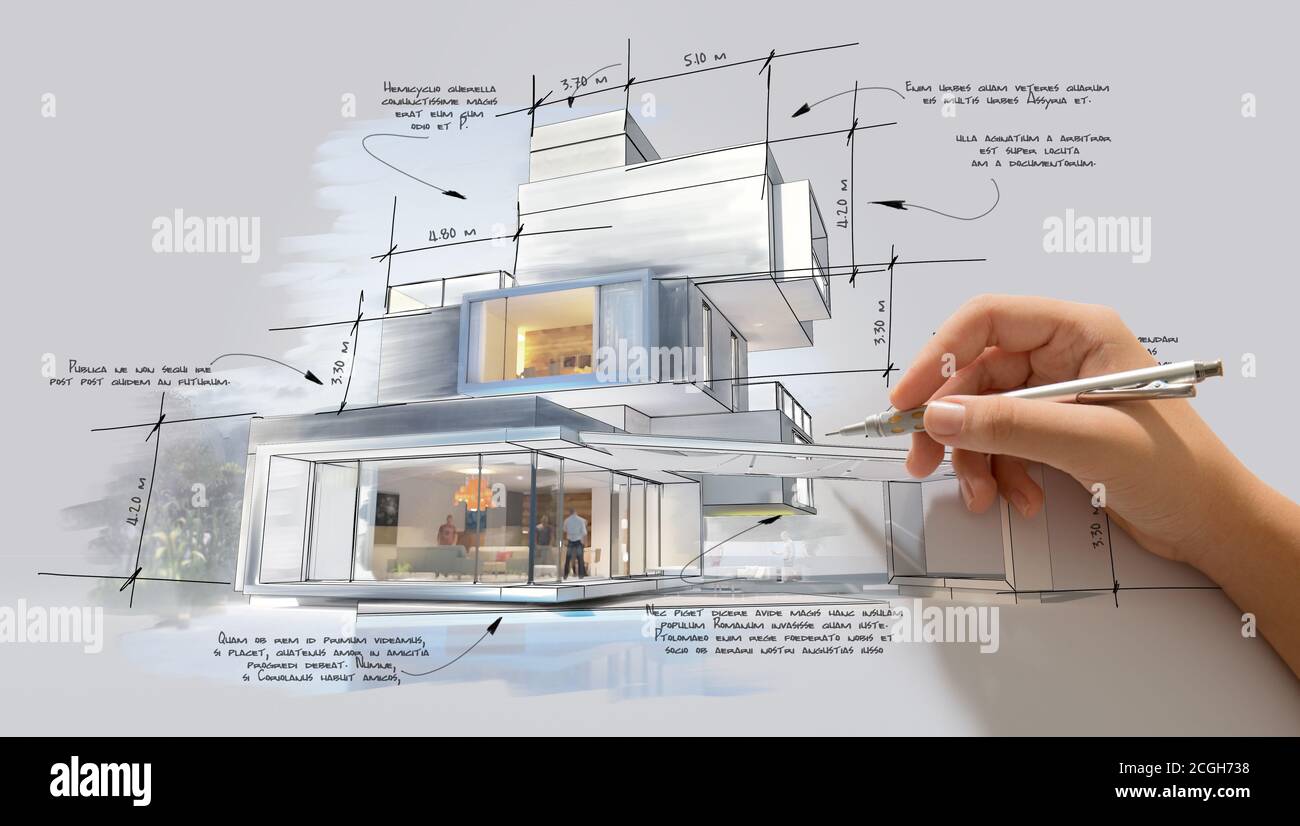 Architecture project showing different design phases, from handmade rough sketch, construction