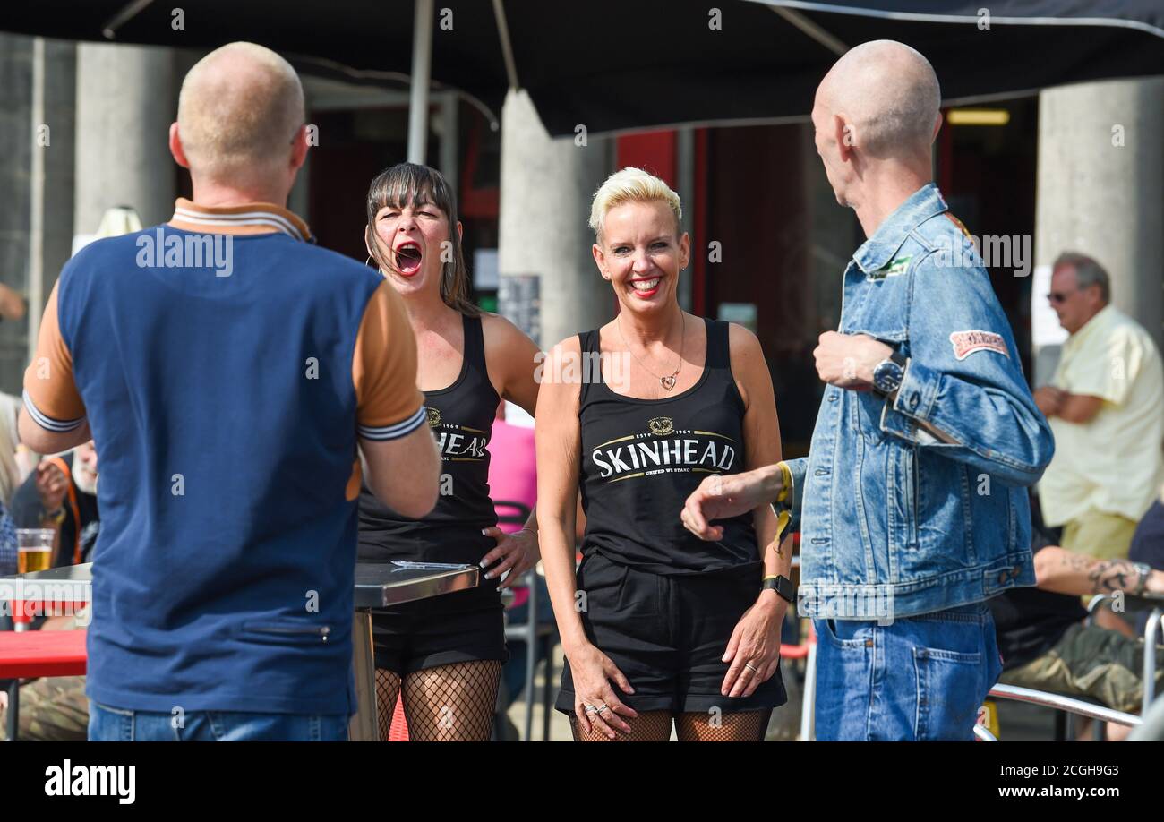 Brighton UK 11th September 2020 - Skinheads start to gather on Brighton seafront at the Volks bar for the 10th Great Skinhead Reunion 3 day event as the forecast is for hot weather to sweep across Britain over the weekend and next week : Credit Simon Dack / Alamy Live News Stock Photo