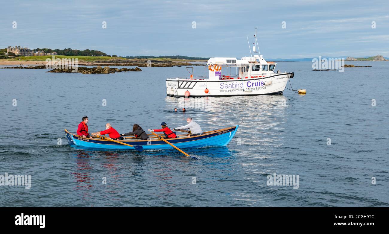 Coastal rowing crew in St Ayle's skiff  wearing face masks in Firth of Forth, North Berwick, East Lothian, Scotland, UK Stock Photo