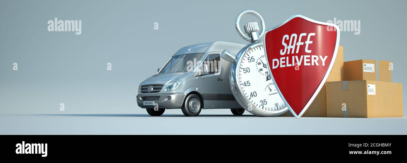3D rendering of a truck, a stop watch with a pile of packages and a shield with the words safe delivery Stock Photo