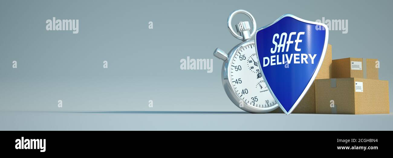 3D rendering of a stop watch with a pile of packages and a shield with the words safe delivery Stock Photo
