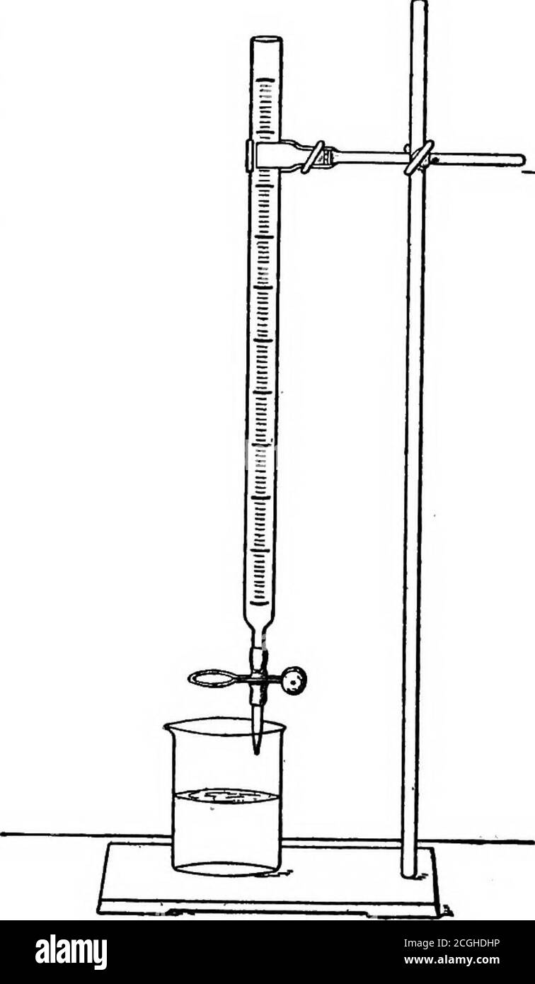 . Introduction to inorganic chemistry . he, base with the same final result. The standard solutions used in this work are usually normal, and contain one equivalent weight of the alkali or acid in one liter of the solution. For more delicate work, deci-normal solutions may be employed. The concentration of such a solution is called its titer, and the operation of neutralizing another solution by means of it, titration. The value of standard solutions lies in the fact that when once the solution has been prepared, and the exact concentration adjusted by quantita-tive experiments, its use does n Stock Photo