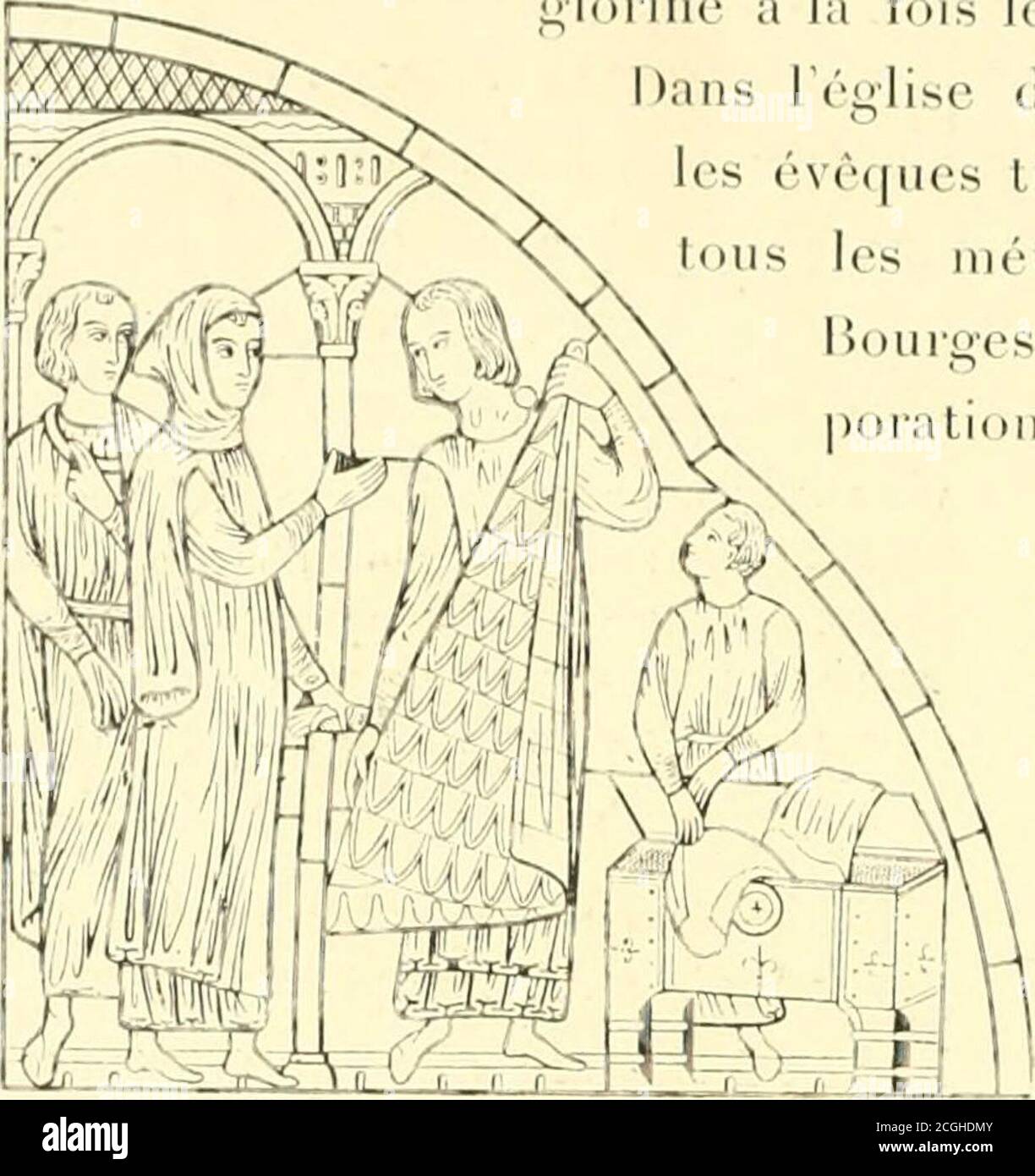 . L'art religieux du XIIIe siècle en France : étude sur l'iconographie du moyen age et sur ses sources d'inspiration . s cor-porations ouvrières, les donateurs se sont faitpeindre maniant la truelle, le marteau,le peigne à carder, la pelle du bou-langer, le couteau du boucher ;. On nepensait pas alors &lt;pi d y eût quelqueinconvenance à placer ces tableaux dela vie quotidienne à côté des scèneshéroïques de la légende îles saints. Letravail apparaissait ainsi avec sa dignitépropre et sa sainteté. Ce désir de glorifier le travail eslparticulièrement visible à Notre-Dame de Seinur. Dans une des Stock Photo