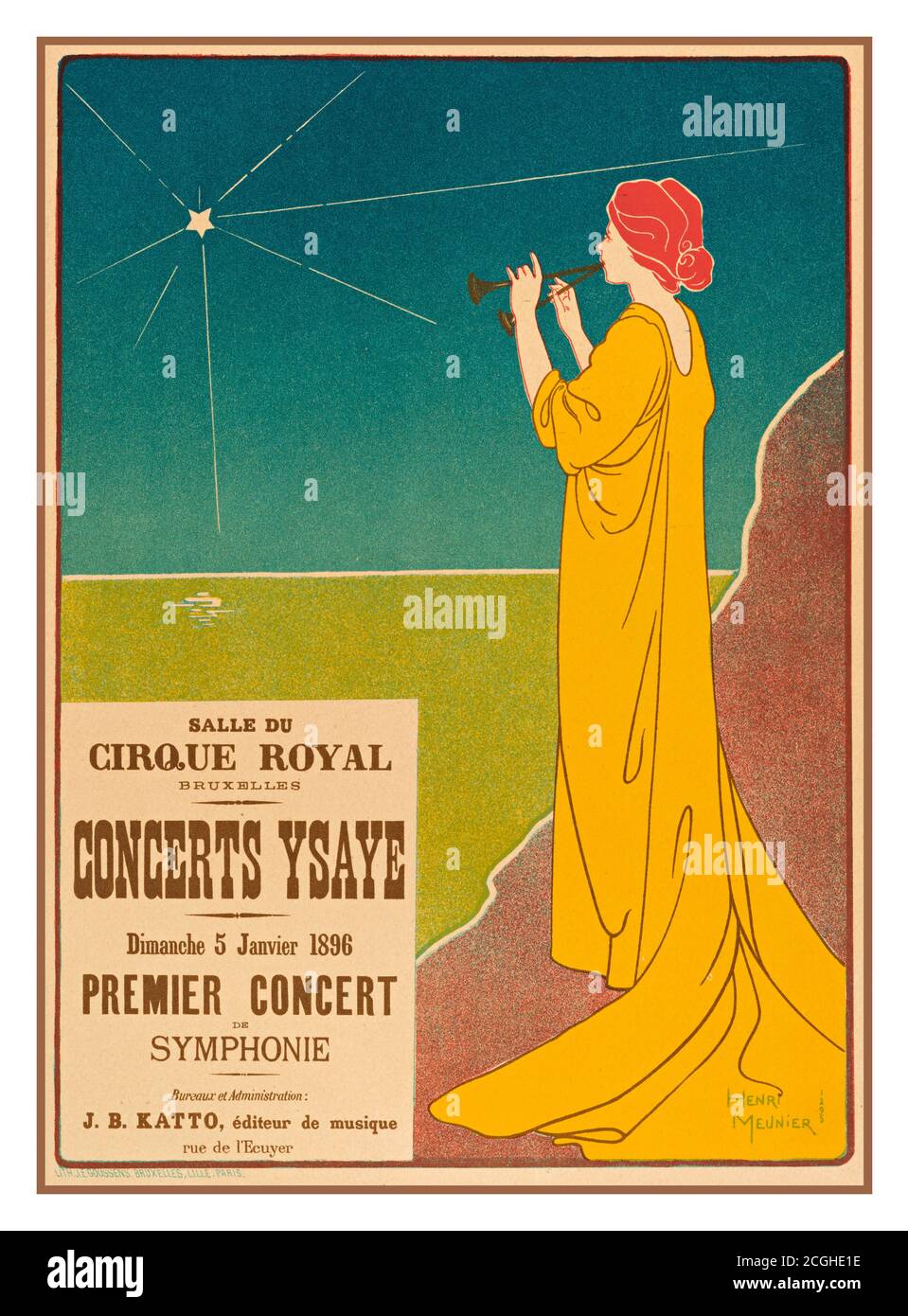 'Concerts Ysaye' Vintage 1890’s French lithograph Les Maîtres de l'Affiche - 40 - Concerts Ysaye Belgian poster for concerts in Brussels. Plate 40 of 'Les Maîtres de l'Affiche: monthly publication containing the reproduction of the most beautiful illustrated posters of great artists, French and foreign', published by L'Imprimerie Chaix, Premier Volume, Paris, 1896. Stock Photo
