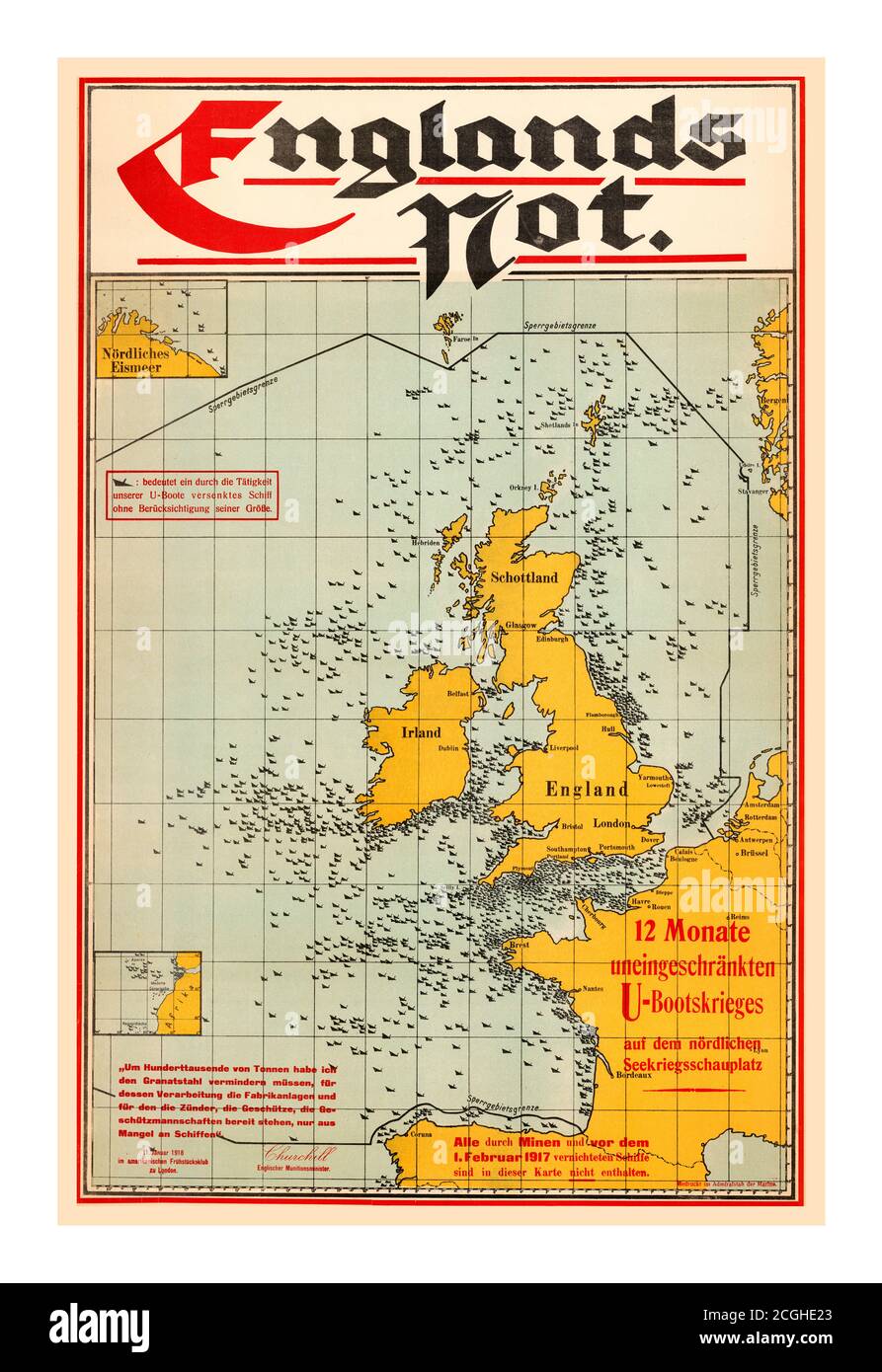 Vintage German WW1 propaganda poster map of 'England's Torment,' issued by the German Admiralty in early 1918, it was intended to reassure the German public that the war was going well. The poster trumpets the German successes during '12 months of unrestricted submarine warfare' in the waters around Britain. Each symbol represents one ship 'sunken by our submarines' - and those ships that were destroyed by U-boats before February 1917, or by German mines at any time, are expressly not included. The quote at the lower left is from a speech by Winston Churchill, then the British Ministe Stock Photo