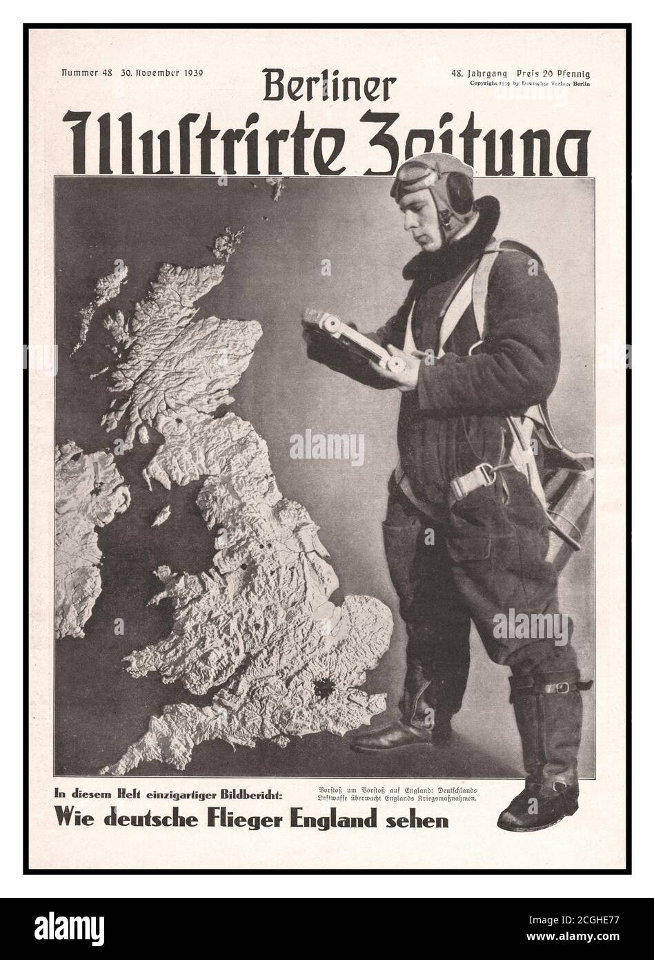 WW2 NAZI PROPAGANDA  Berliner Illustrirte Zeitung, WW2  image of a tall German Bomber Pilot towering over England. This illustration appeared  November 1939, during 'Phony War' after German invasion of Poland and a year before beginning of Blitz. The German pilot is holding a camera, and the caption under him reads, 'Advance for penetration in England: Germany's Luftwaffe monitors England's war measures.' The Berliner Illustrirte Zeitung, abbreviated BIZ, was a weekly illustrated magazine published in Berlin from 1892 to 1945. It was the first mass-market Propaganda German magazine Stock Photo