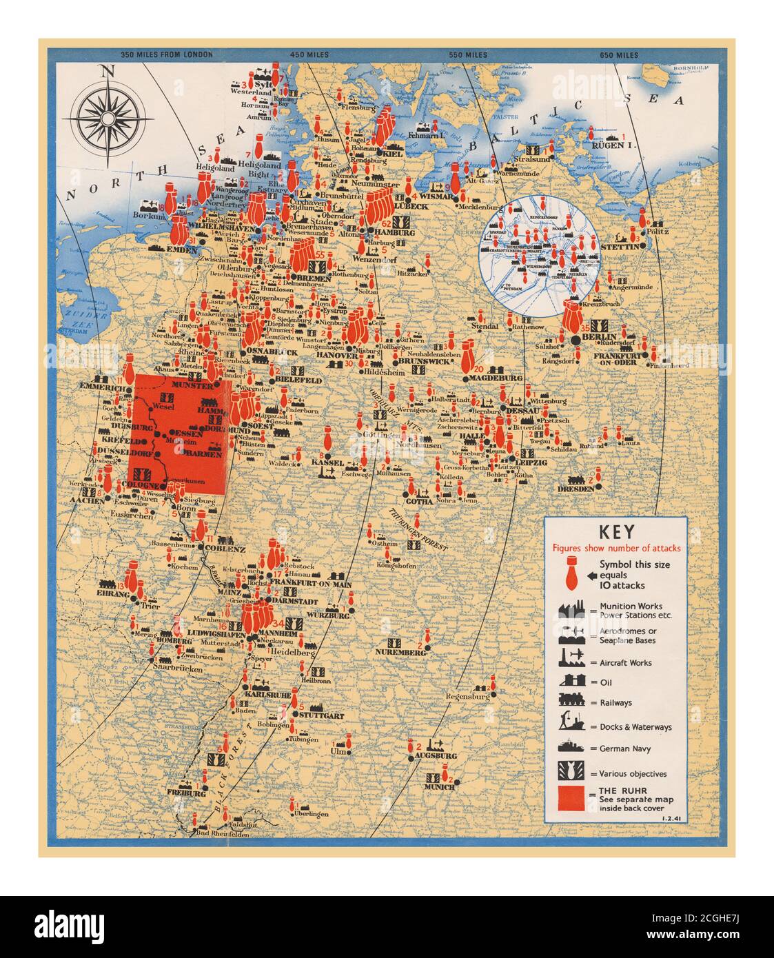Bombing Map of Germany and Adjacent Areas WW2 1943 pictorial map POSTER 0111 