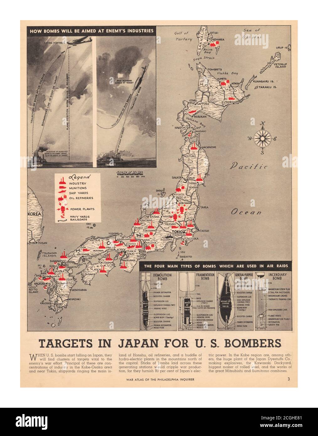 WW2 Propaganda map  from a War Atlas published by the Philadelphia Inquirer weeks after Pearl Harbor, reflecting and supporting the mood of the country. 'When U.S. bombs start falling on Japan, they will find clusters of targets vital to the enemy's war effort.' These targets, colored bright red, do indeed fill the landscape of the Japanese homeland, labeled Industry, Munitions, Ship Yards, etc. In fact, the U.S. was more than a year away from even the Doolittle Raid on Tokyo, which boosted American morale but had virtually no impact on the Japanese war effort. U.S. bombs did not start 'fallin Stock Photo