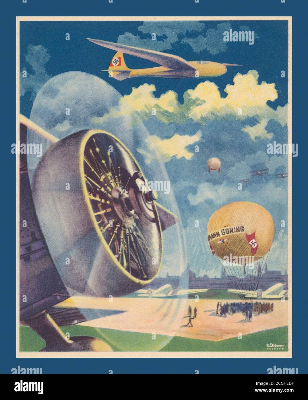 Vintage 1930’s NAZI FLYING CORPS AVIATION Nazi Germany Propaganda: 1937  card 'National Socialist  Fliegerkorps (NSFK)', with illustration of balloon with Hermann Göring label and swastika flag, glider and propeller, Reichswerke Hermann Göring was an industrial conglomerate of Nazi Germany. It was established in July 1937. The state-owned Reichswerke was seen as a vehicle of hastening growth in ore mining and steel output for military purposes. Stock Photo