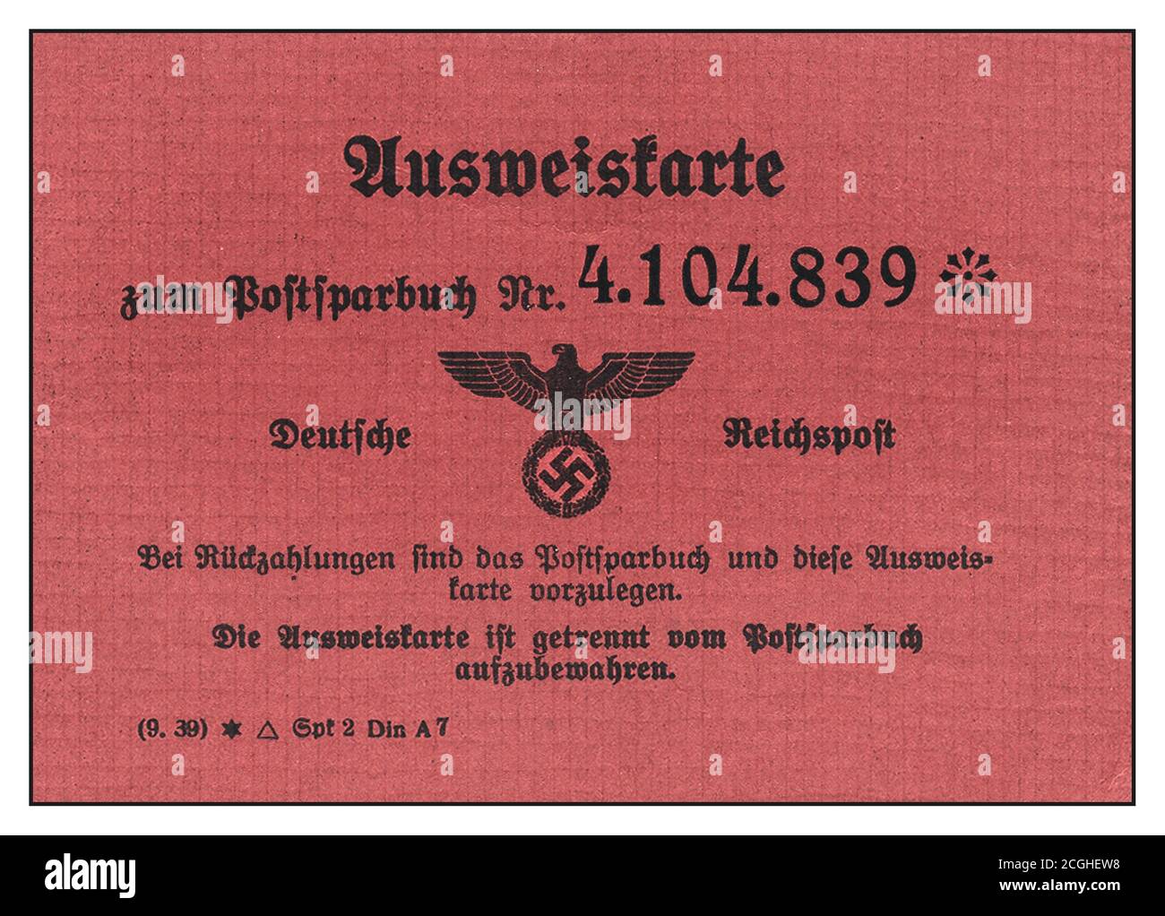 WW2 1940’s Nazi Germany Identity Card -AUSWEISTARTE for Reichspost German personal savings account. Used in conjunction with a separate savings account book. Stock Photo