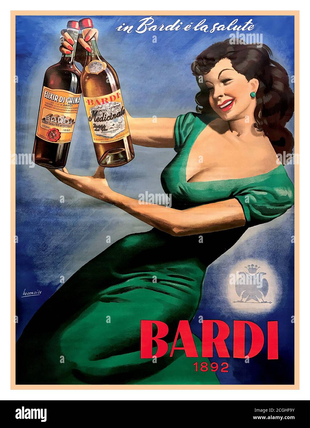 Vintage alcoholic liqueur drinks poster 1950 ‘IN BARDI E’ LA SALUTE – BARDI 1892 Lithograph with  woman holding two of the liqueurs produced by Bardi which began their operations in 1892. The artist, Gino Boccasile (1901-1952) was an influential artist, who in his career adapted many of the concepts of the Art Deco influence but added a roundness and form to the sharper lines of classic art deco. Gino Boccasile (1901-1952), IN BARDI E’ LA SALUTE – BARDI 1892 First edition lithographic poster. 1950. designed by Boccasile and signed by him on lithograph Stock Photo