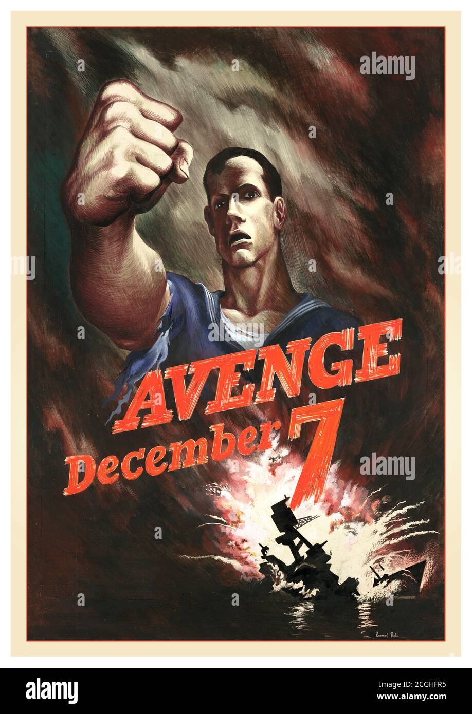 PEARL HARBOUR WW2 Vintage Propaganda Poster “Avenge 7th December” American poster after the infamous Pearl Harbor surprise attack by Japan 1941 bringing the USA into a war with the Allies against the Axis of Japan Germany & Italy. America finally defeated Japan by dropping atom bombs on the Japanese cities of Hiroshima and Nagasaki Japan immediately & unconditionally surrendered. Stock Photo