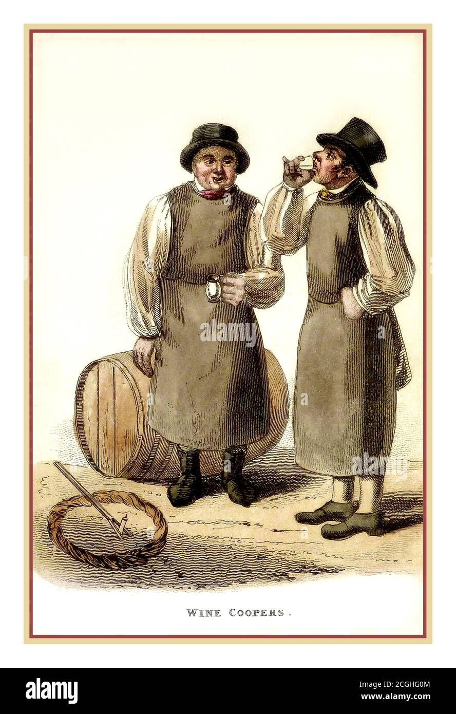 Vintage Wine Coopers sampling drinking alcohol wine from barrel Illustration Lithograph,1827 Wine coopers vintners wearing traditional shirt, leather apron and hat. Colour copperplate engraving from William Henry Pyne's The World in Miniature: England, Scotland and Ireland, Ackermann, 1827 Stock Photo