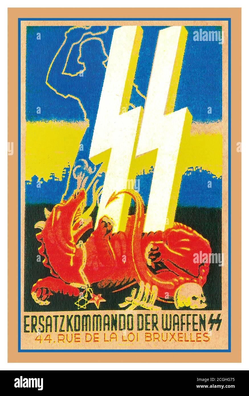 Vintage Belgian Nazi Propaganda Poster 'Ersatzkommando der Waffen SS 44 Rue De La Loi Bruxelles' Poster showing SS symbol knifing through Flemish lion, published by Kofer of Berlin, A collaborationist military formation recruited among French-speaking volunteers from German-occupied Belgium, notably from Brussels and Wallonia Stock Photo