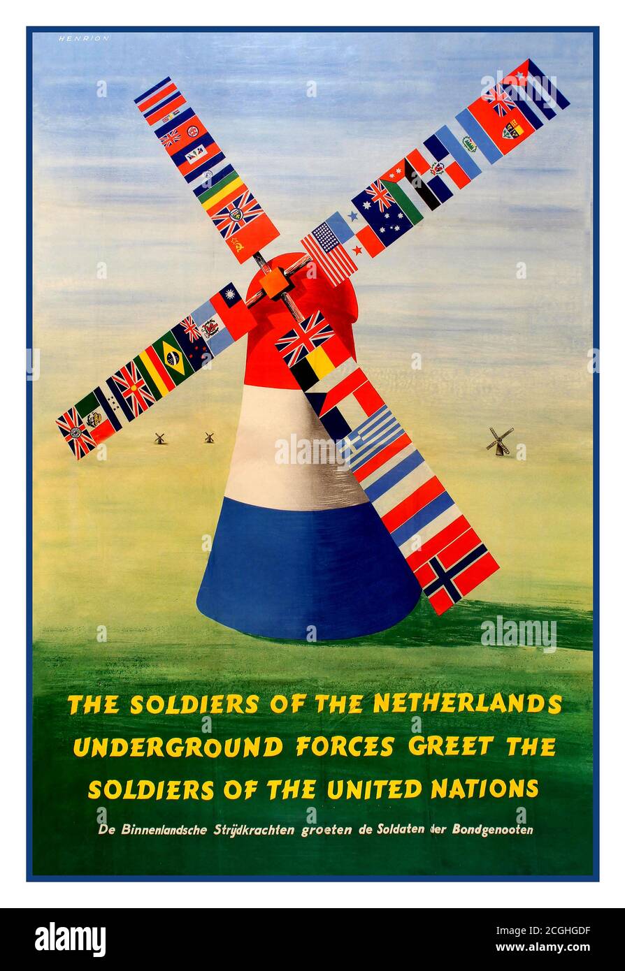 Vintage World War Two propaganda poster issued shortly after the liberation in 1945 with a design by Frederic H.K. Henrion (1914-1990): The soldiers of the Netherlands Underground Forces greet the soldiers of the United Nations. (Dutch title: De Binnenlandsche Strijdkrachten groeten de Soldaten der Bondgenooten). Printed by Offset Smeets, Weert. The Dutch resistance to the Nazi occupation of the Netherlands during World War II can be mainly characterized as non-violent, and was organized by the Communist Party, churches, and independent groups. Stock Photo